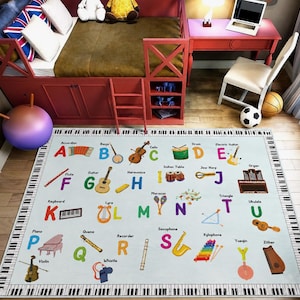 Music Alphabet Rug: Colorful Instruments Carpet, Piano Border Educational Pattern, Preschool Kids Learning Decor
