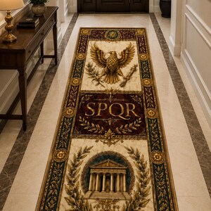 Könnte beinhalten: Rechteckiger Teppich mit römischem Thema. Der Teppich zeigt einen Adler, einen Tempel und einen Helm, mit den Buchstaben SPQR in der Mitte. Der Rand ist dunkelgrün und goldfarben mit floralen und geometrischen Mustern.