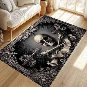 Gothic Skull & Crossbones Rug: Vintage Dark Art Velvet Floor Decor