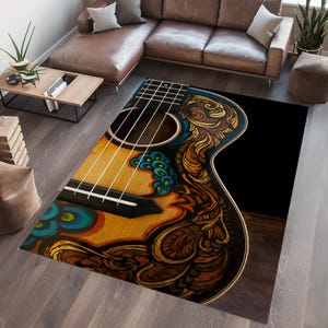 May include: A colorful acoustic guitar with intricate floral designs painted on the body. The guitar is on a black background.