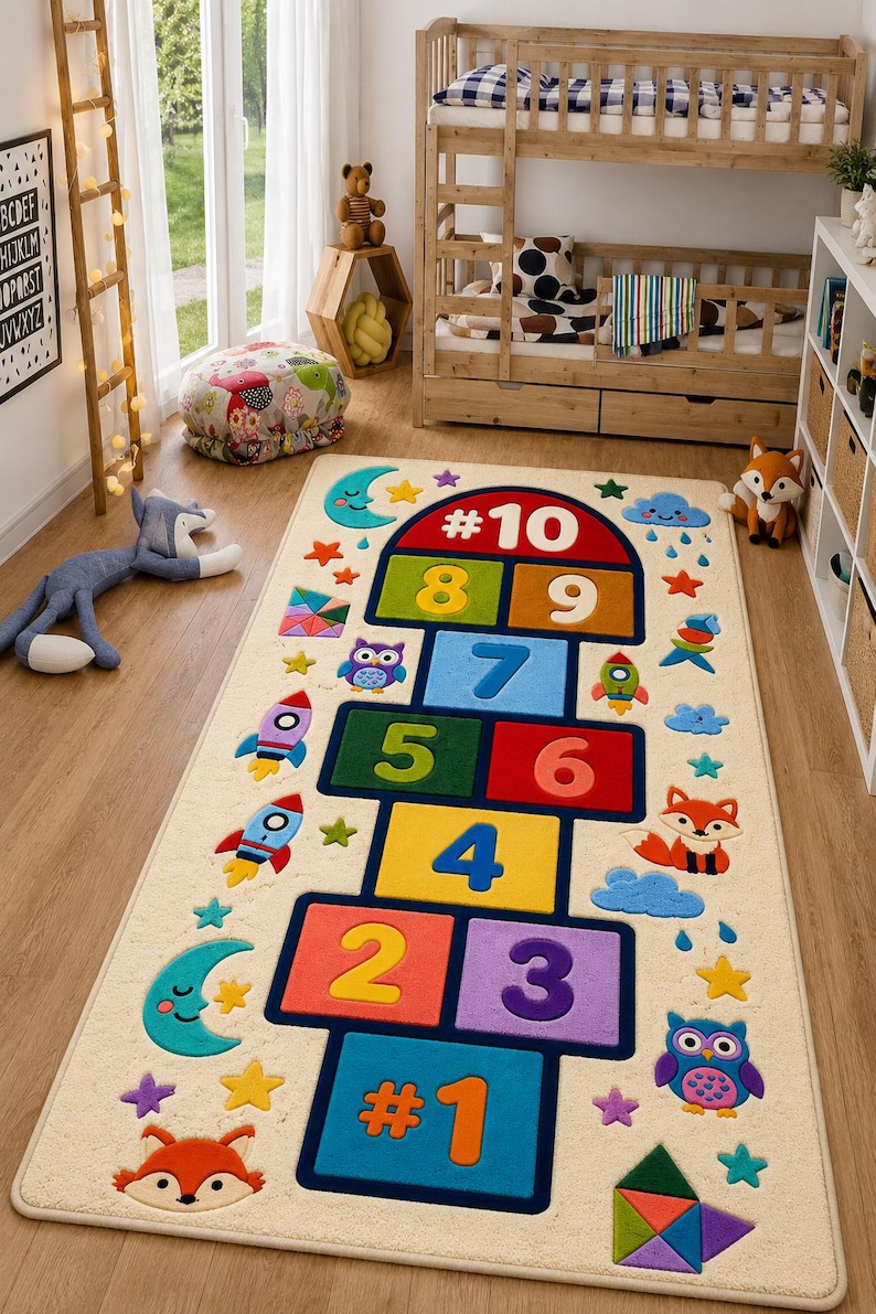 May include: A rectangular beige hopscotch rug with colorful squares numbered 1 through 10. The rug features whimsical designs of rockets, stars, clouds, a moon, an owl, and a fox. The rug is designed for children's play.