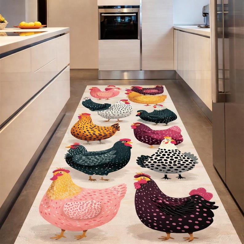 Hen Rug Colorful Chicken Kitchen Runner Rug, Farmhouse Hen Rug, Country Kitchen ...