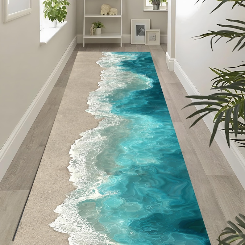 Beach Ocean Runner Rug: Turquoise Blue Waves Design, Sandy Shore ...