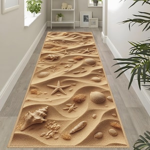 Puede incluir: Una alfombra rectangular beige con un diseño de playa en 3D. La alfombra presenta conchas marinas, estrellas de mar y texturas de arena. El diseño crea una escena de playa realista.