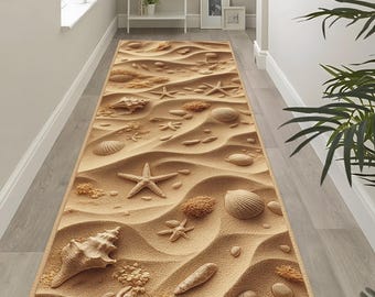 3D Seashell Beach Runner Rug: Coastal Hallway Carpet