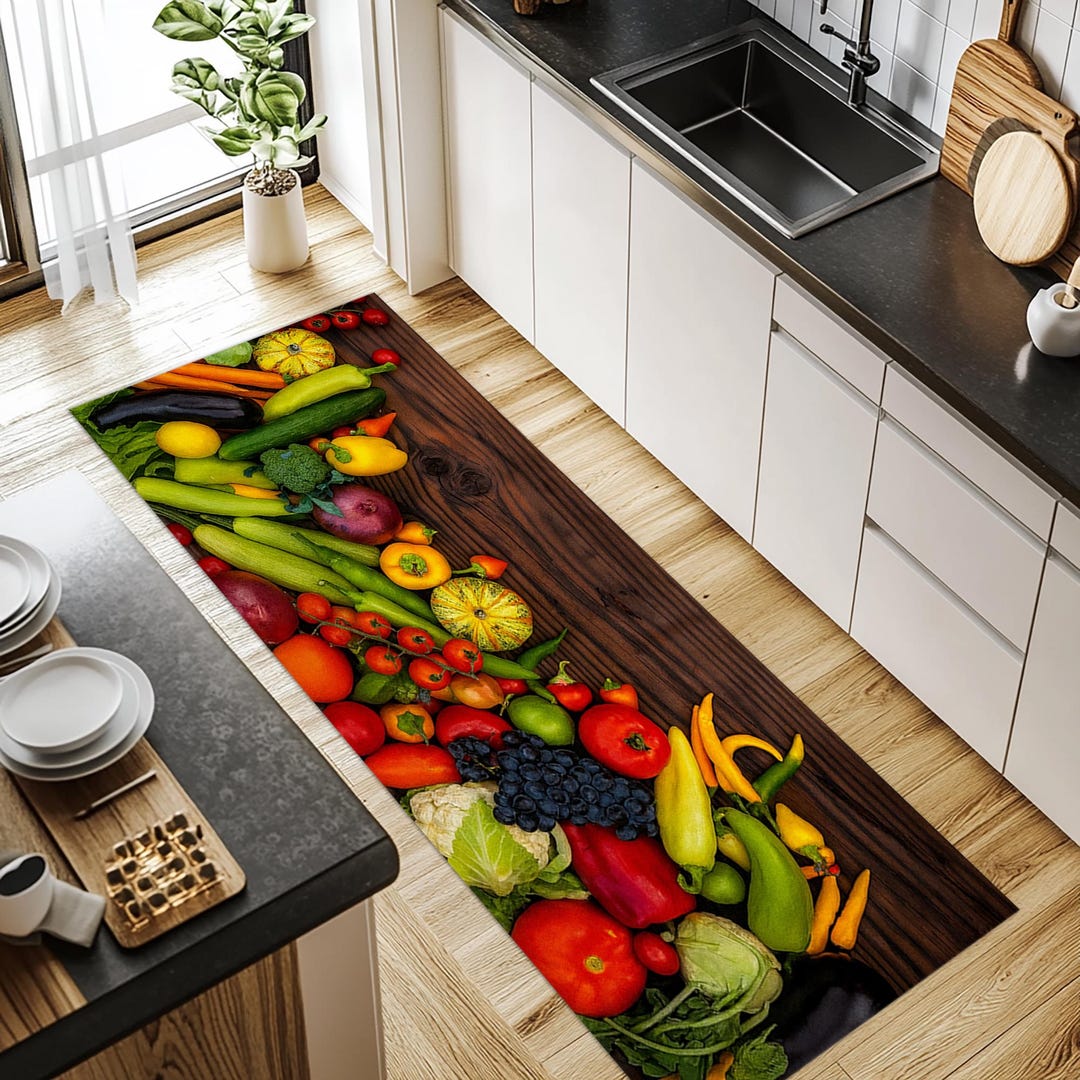Colorful Fruits & Vegetables Kitchen Rug: Non-slip Velvet Floor Mat - Etsy