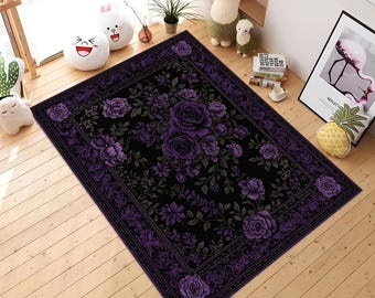 Gothic Black Floral Rug: Purple Roses, Witchy Boho Decor
