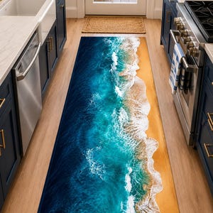 Peut inclure: Un tapis de couloir rectangulaire pour cuisine représentant une scène océanique. Le motif présente de l'eau bleu foncé virant au turquoise avec des vagues blanches et mousseuses, rejoignant une plage de sable. Le tapis est de forme longue et étroite, adapté à une cuisine ou un couloir.