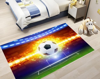 Flaming Soccer Ball Kids Rug: Colorful Sports Decor