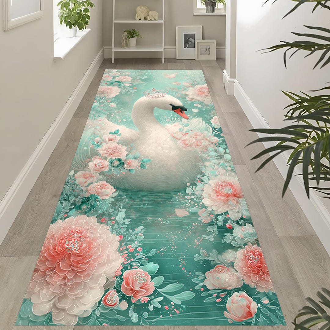 Elegant Swan Princess Rug – Pastel Floral Bird Carpet – Turquoise Fairy ...