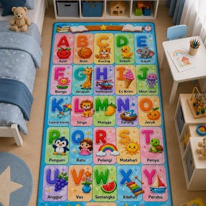 May include: A rectangular educational area rug featuring a blue background with a colorful alphabet grid. Each letter from A to Z is paired with a corresponding illustration and word in Indonesian, such as Apel for A, Bola for B, and Zebra for Z.