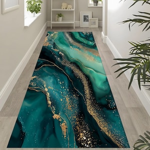 Emerald Green Marble Runner Rug: Abstract Gold Accent, Modern Hallway Decor