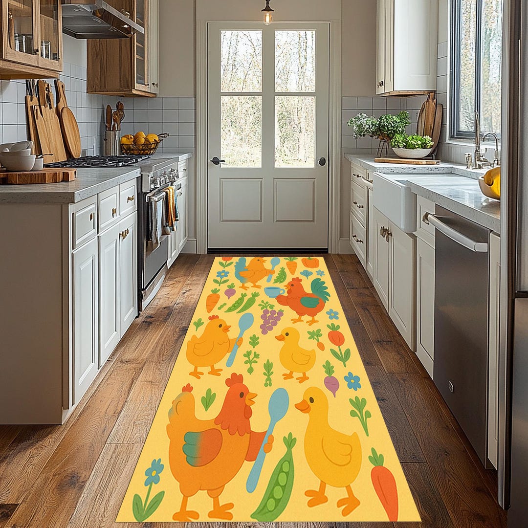 Behg Designs Chicken Rug Farmhouse Chicken Rug: Yellow Kitchen Runner, Duck and Veggie Design - Etsy