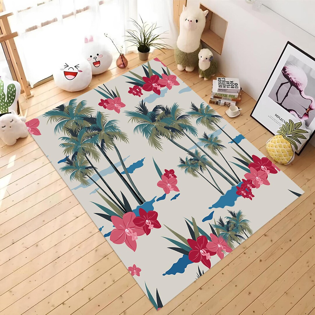 Tropical Palm Tree Rug With Pink Flowers, Beach Theme Nursery Carpet ...