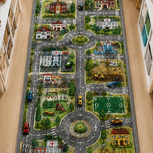 Könnte beinhalten: Ein rechteckiger Spielteppich mit detailliertem Stadtkarten-Design. Der Teppich zeigt Straßen, Gebäude, Bäume und einen Spielplatz. Mehrere Spielzeugautos sind auf dem Teppich platziert, was das Spielerlebnis verbessert. Die Farbpalette umfasst Grautöne, Grün und Braun.
