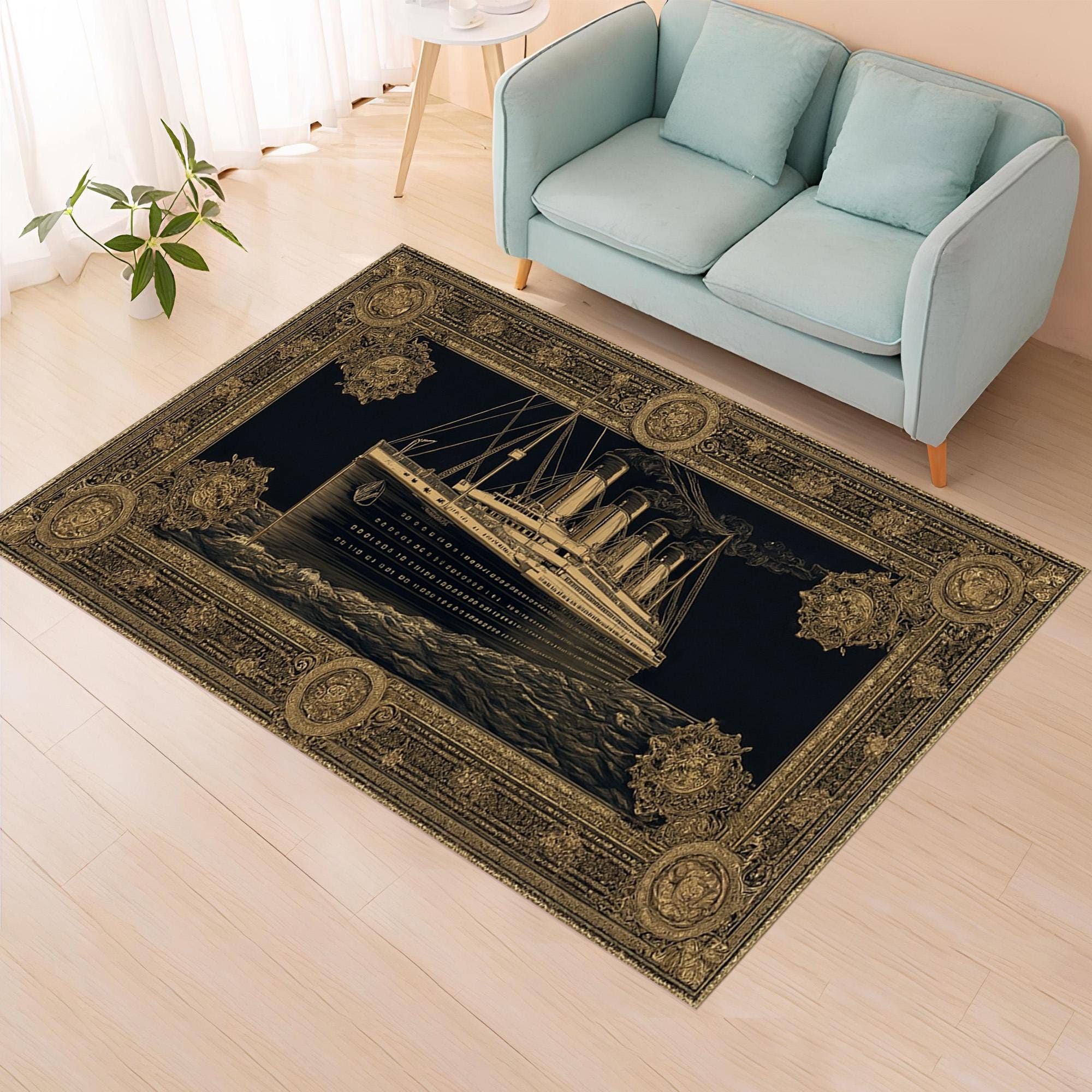 Titanic Ship Rug: Gold Ocean Liner Carpet, Luxury Nautical Design