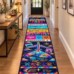 Op de afbeelding: Een lange rechthoekige loper met een kleurrijk instapkaartontwerp. De afbeelding bevat de tekst BOARDING PASS, WORLD EXPLORER, ISTANBUL, NEW YORK en SAME PLANET BIGGER STORIES, samen met illustraties van vliegtuigen, stadssilhouetten en een wereldbol.