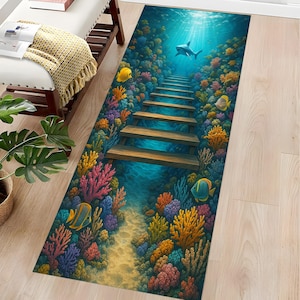 Sunset Beach Runner Rug,Deep Blue Ocean Rug,Bold Water & Sand Hallway Carpet,Sea Breeze Runner Rug,Ocean Shore Foam Runner RUGS