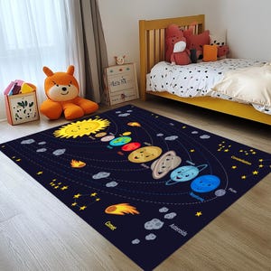 Teppich für Schlafzimmer, Gemusterter Teppich für Kinderzimmer, Modernes Wohndekor, Sonnensystemteppich, Wollteppich