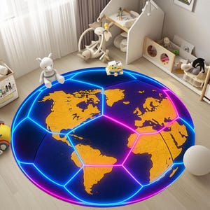 Runde Neon Welt Fußball Teppiche, leuchtende Weltkarte Fußball ArtRUGS, futuristische Wanddekoration für Sportfans Neon Welt Fußball Teppich