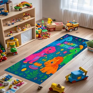 Bunter Dino-Geburtstagsteppich für Kinderzimmer, Neon alles Gute zum Geburtstag Matte, niedlicher Cartoon-Dinosaurierteppich, Kinderspielzimmer-Bodendekor-Teppiche