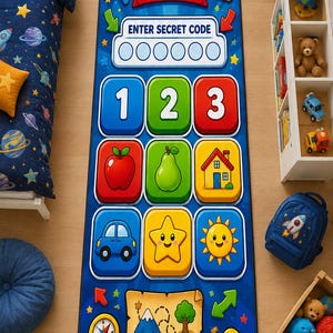 Può includere: Un tappetino rettangolare blu con un design di gioco Kids Secret Code Adventure. Il tappetino include un tastierino numerico, icone di mela, pera, casa, auto, stella e sole, una mappa del tesoro, una bussola, una chiave e un pulsante Enter.