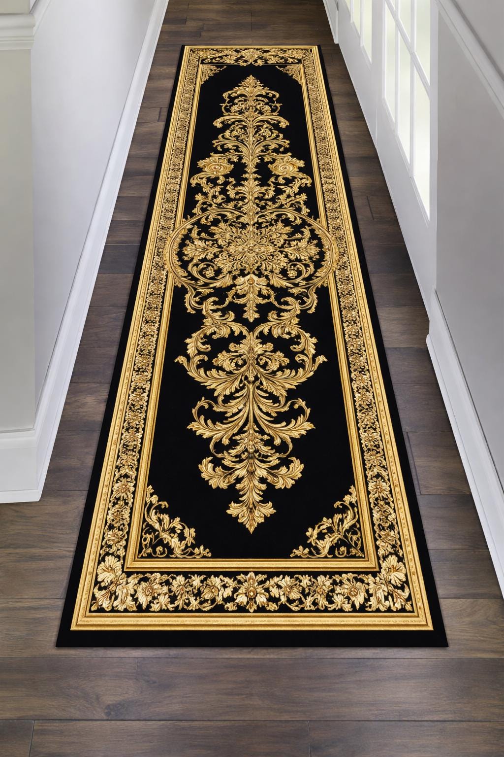 Royal Runner Rug Texture Baroque Gold Runner Rug: Black Luxury Ornate Pattern, Royal Classic ...