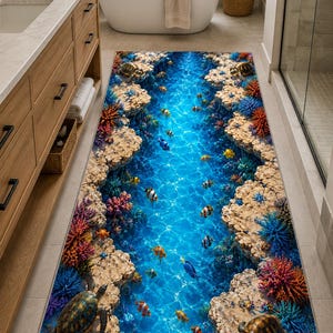 Puede incluir: Una alfombra de baño rectangular con una vibrante escena submarina. La alfombra presenta un río azul con peces de colores, corales y tortugas marinas. El diseño crea un efecto 3D, mejorando la profundidad visual y el realismo del entorno acuático.