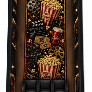 May include: A rectangular area rug featuring a cinema theme with popcorn buckets, film reels, a clapperboard, cola, and admit one tickets. The design includes the word CINEMA in a marquee style, POP CORN on buckets, and COLA on a cup. Six black leather theater seats are arranged in two rows.