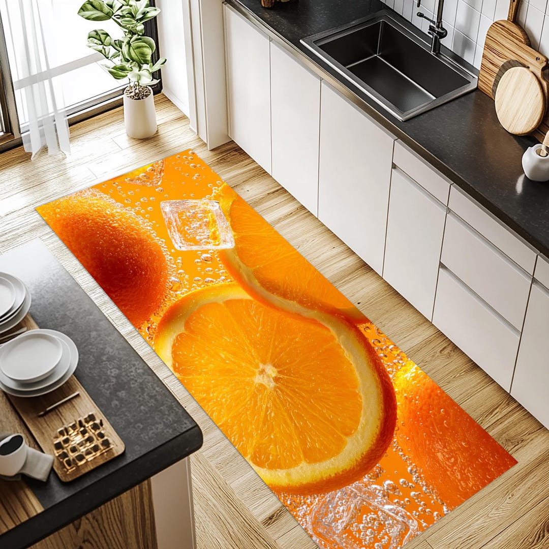 Slice Rugs Orange Slice Kitchen Runner Rug With Ice and Bubble Print – Refreshing ...