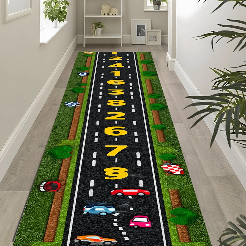 Kids Road Runner Rug With Numbers, Educational Car Play Mat, Long ...