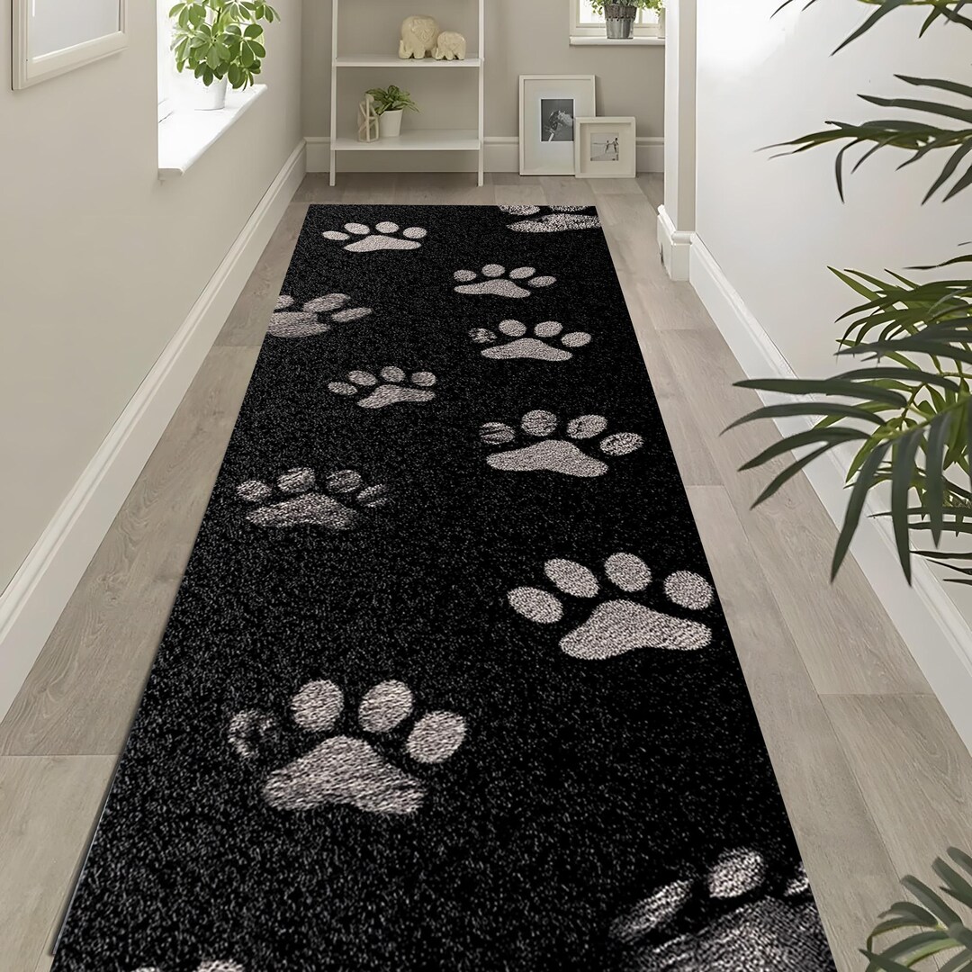Paw Print Runner Rug Black Paw Print Runner Rug, Modern Pet Lover Carpet, Hallway Entryway ...