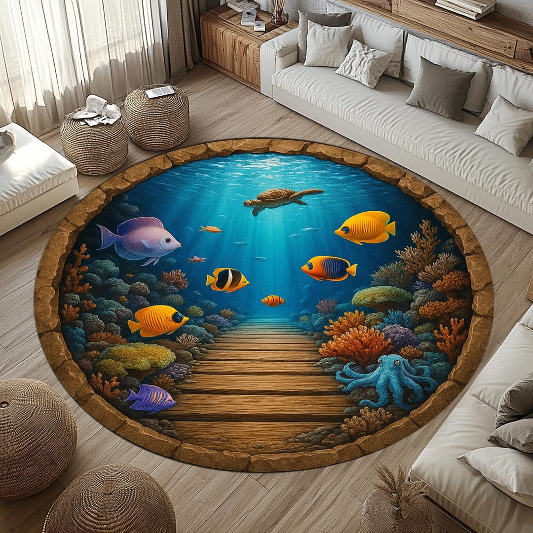 3D Coral Reef Round Rug: Underwater Sea Life Carpet, Kids Nursery - Etsy