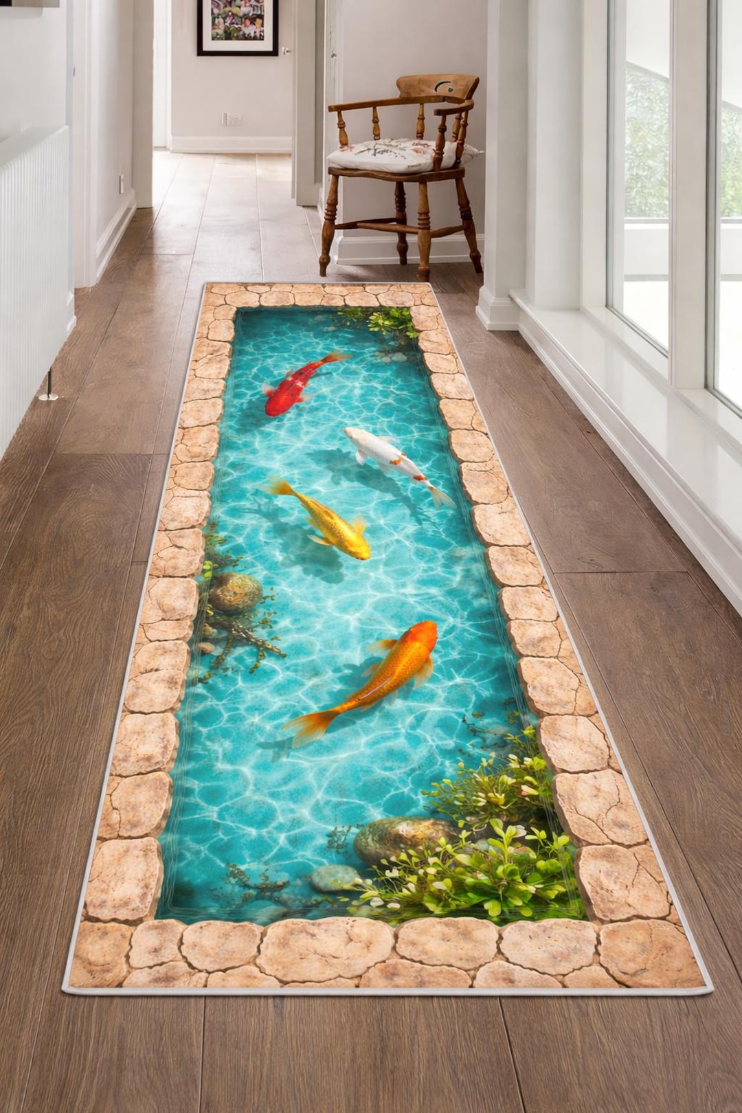 Pond Rug Design Koi Pond Runner Rug: Turquoise Water Fish Stone Border Carpet, Zen ...