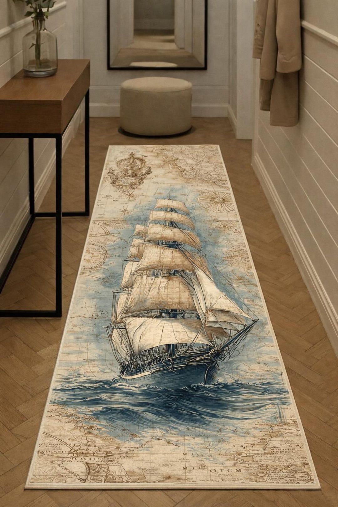 Vintage Sailing Ship Map Runner Rug, Nautical Hallway Carpet, Antique ...