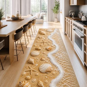 Kustmatta med strandmotiv: Sandig snäckskalsmatta, beigevit strandlinjedesign, havsvågsmönster, sommarkustdekorationslöpare