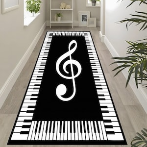 Music Theme Runner Rug – Black Piano Key Carpet with Treble Clef Design – Musical Hallway Decor for Music Lovers RUGS