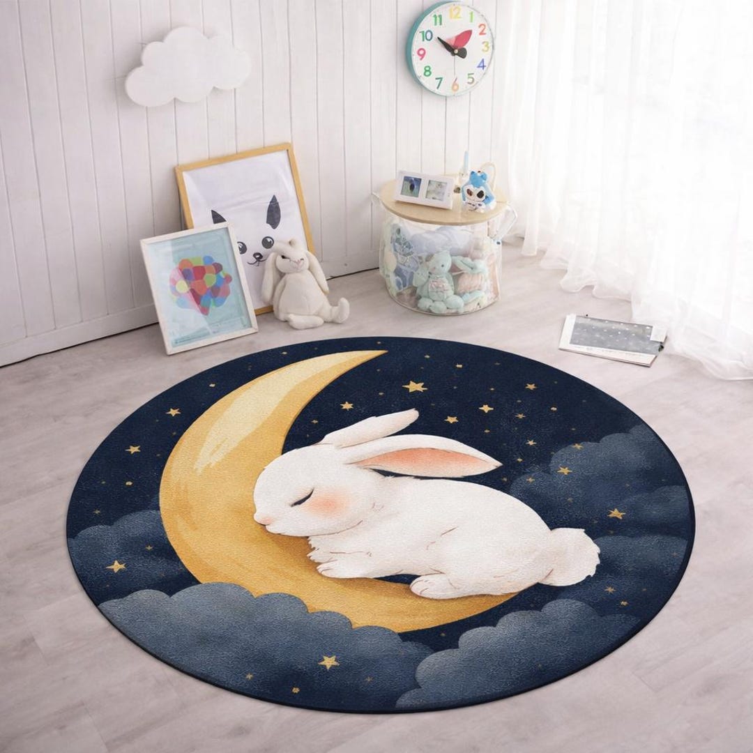 Sleeping Bunny Round Rug, Nursery Night Sky Rabbit Carpet,baby Room ...