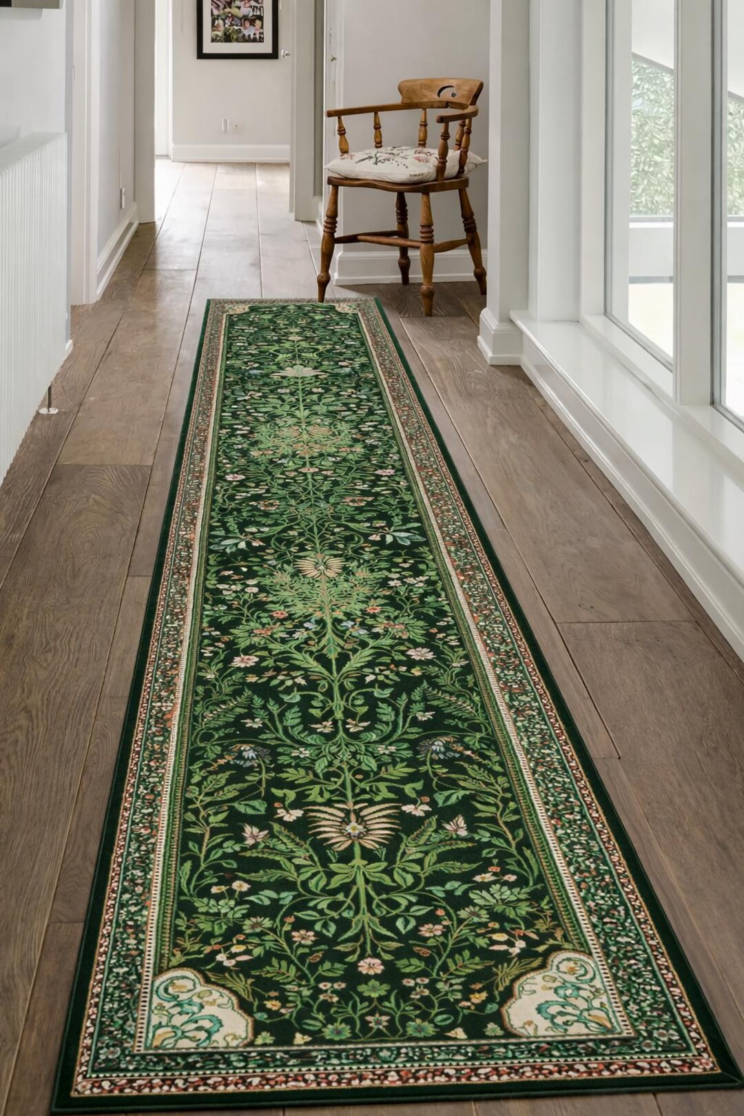 Floral Botanical Rug: Green Garden Carpet, Elegant Ivory Blossom ...