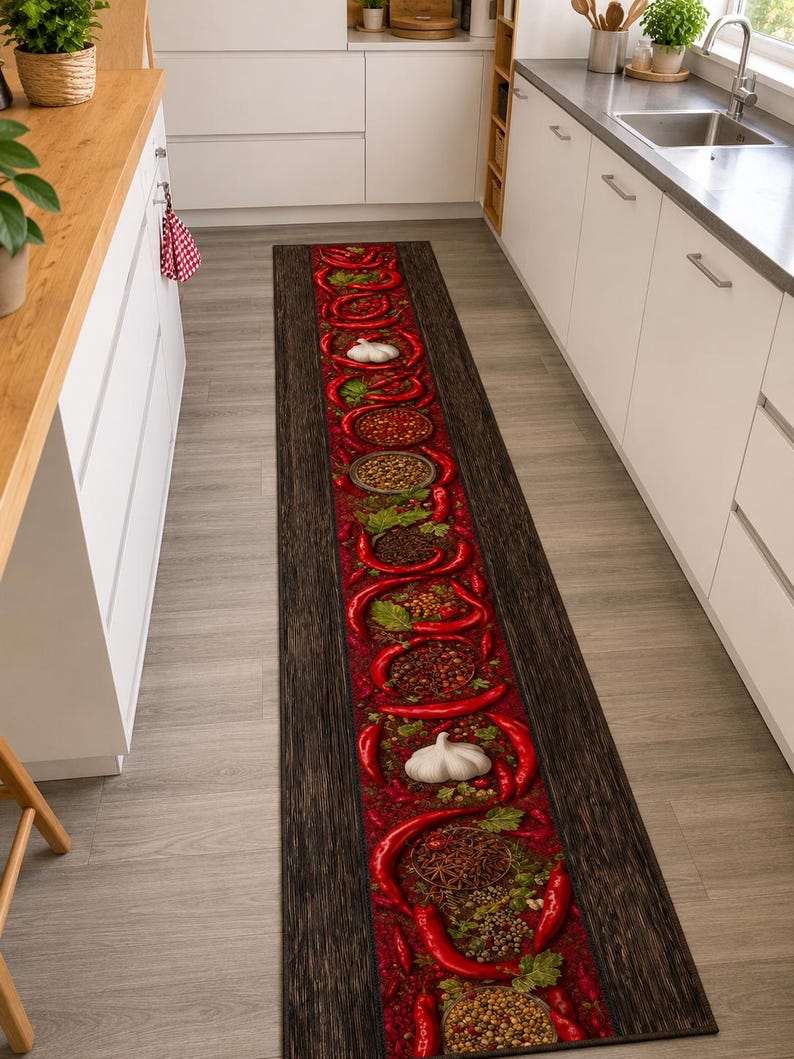 Chili Pepper Runner Rug: Red Garlic Spice Pattern Carpet, Rustic ...