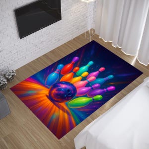 Neon Bowling Rug: Galaxy Strike Carpet for Kids Playroom