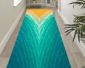 Tropical Ocean Rug: Turquoise Wave Carpet, Golden Sand Foam Pattern, Coastal Beach Runner Decor