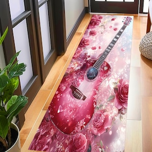 Guitar Runner Rug,pink rose guitar Anti Slip Runner Rug,Guitar, Guitar Themed Rug, Hallway Runner Rug,Runner Rug,Area Rug,Music Runner Rug