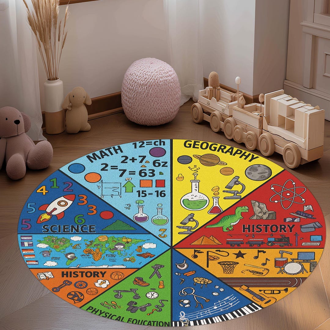 Educational Round Rug: Colorful Subject Wheel Carpet, Kids Learning ...