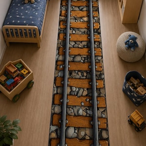 May include: A long rectangular area rug featuring a detailed graphic print of a railroad track. The design displays two parallel grey metal rails running over horizontal brown wooden railroad ties and a bed of grey and tan stones.