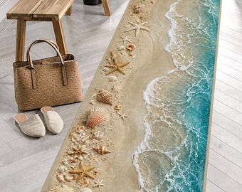 Tapis de plage en coquillages : tapis océan turquoise, étoiles de mer sable et vagues côtières, décoration de couloir d'été