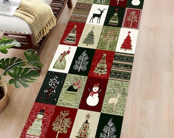 May include: A rectangular Christmas-themed rug with a patchwork design. The rug features squares with images of Christmas trees, snowmen, reindeer, and winter foliage in red, green, and beige. The rug is placed on a wooden floor.