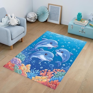 Cute Cartoon Dolphins Kids Rug – Ocean Theme Play Mat with Coral Reef – Underwater Nursery Area Carpet