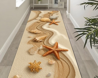 Beach Shell Runner Rug Coastal Sand Seashell Carpet Ocean Theme Hallway Runner  Summer Home Decor