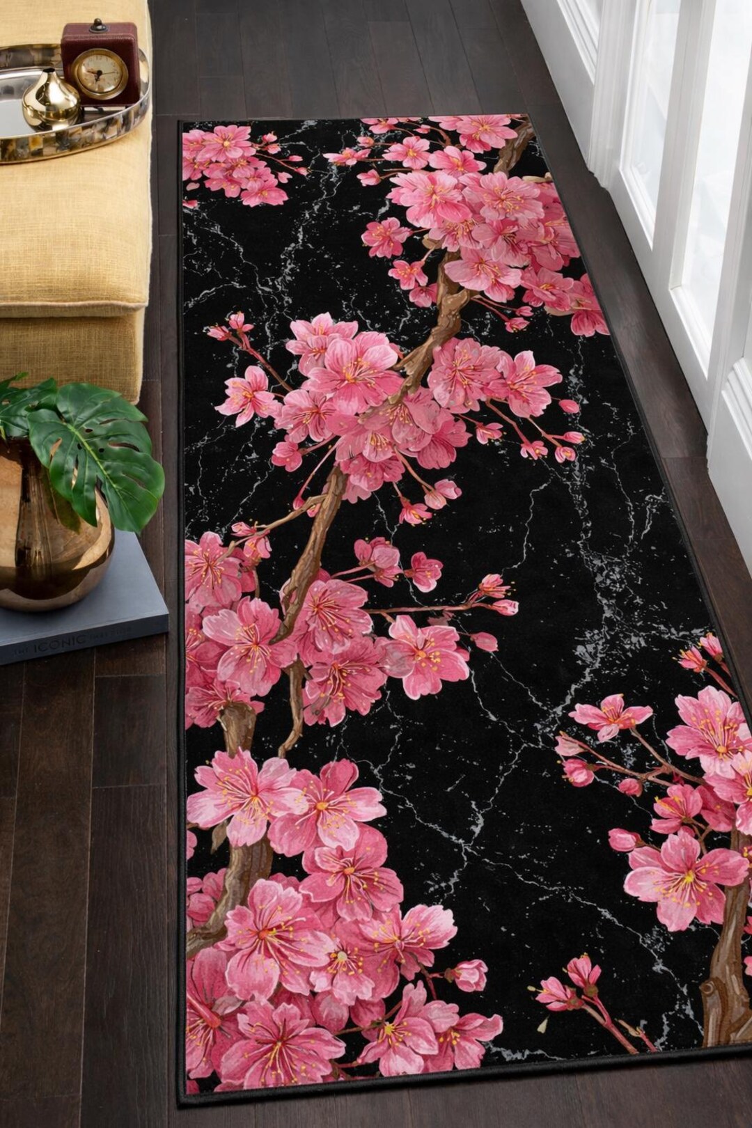 Sakura Rug Floral Sakura Rug: Pink Blossom Carpet, Black Marble Pattern, Elegant ...